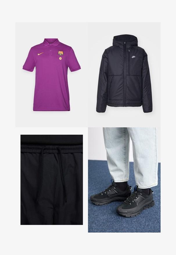 Giacca Nike nera, imbottita, con zip frontale e cappuccio. Presenta un logo bianco sul lato sinistro del petto e doppie tasche frontali. Texture esterna liscia.; Polo shirt viola in cotone con colletto, caratterizzato da un logo Nike giallo, lo stemma del FC Barcelona e l'emblema di Spotify sul petto.; Shorts neri con vita regolabile tramite coulisse, tessuto leggero con una texture liscia e un design semplice senza loghi o motivi visibili.; Scarpe sportive nere con tessuto testurizzato e suole in gomma, dotate di lacci elastici e un accento blu sul tallone. Indossate con pantaloni in denim chiaro.