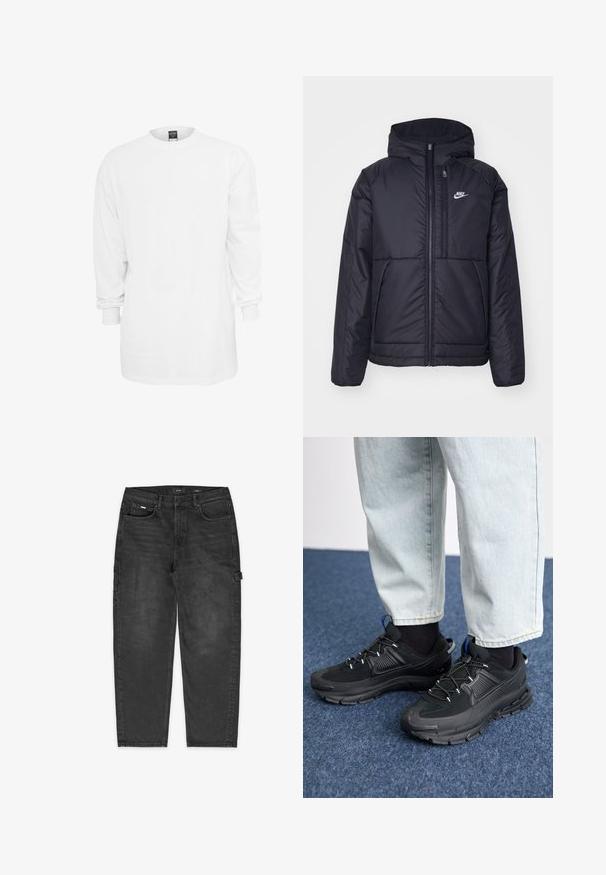 Must musta Nike jope, millel on ees lukuga avamine ja kapuuts. Vasakpoolne rind on kaunistatud valge logoga ning ees on kaks taskut. Sile välimine tekstuur.; Pikkade varrukatega valge puuvillane t-särk ümmarguse kaelusega, laia lõikega ja soonikute otstega. Üksildane disain, ilma graafika või mustriteta.; Musthave mustrased teksasest valmistatud cargo püksid, millel on vabalt langev lõige, nähtavad õmblused, ees- ja küljetaskud ning reiel konks utiliitide jaoks.; Mustad mustad jooksukingad, millel on tekstureeritud kangas ja kummist tallad, elastsed nöörid ning sinine aksent kandadel. Kandmine heledate teksadega.