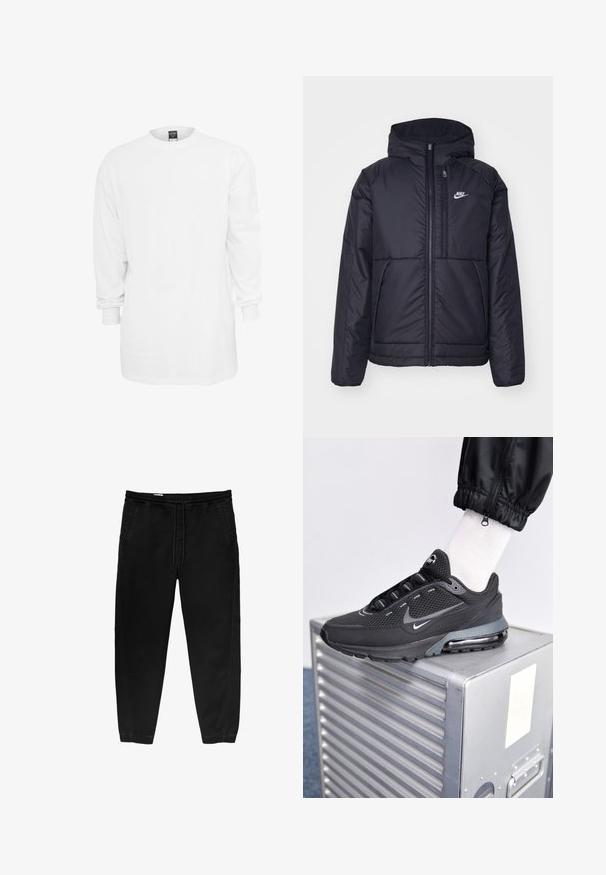 Zwarte, gewatteerde Nike-jas met een voorkant met ritssluiting en capuchon. Kenmerkt zich door een wit logo op de linkerborst en dubbele frontzakken. Gladde buitenkant.; Witte katoenen t-shirt met lange mouwen, ronde hals, losse pasvorm en ribgebreide manchetten. Eenvoudig ontwerp, geen afbeeldingen of patronen.; Zwarte elastische taillebandbroeken met een trekkoord, taps toelopende benen, zijzakken en subtiele stiksels aan de zijkanten. Zachte katoenachtige stof.; Nike Sportswear PULSE - Sneakers laag - black/anthracite