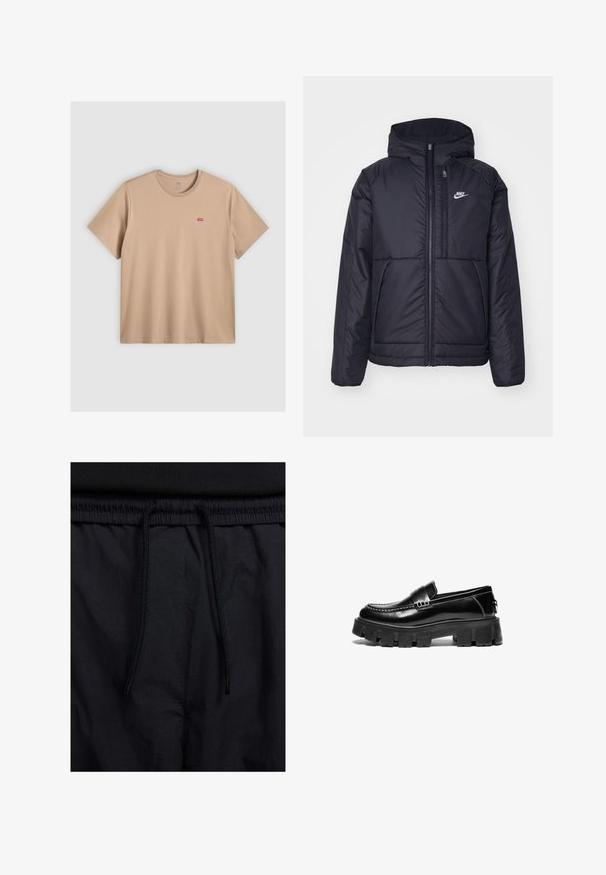 Fekete, párnázott Nike dzseki elülső cipzárral és kapucnival. A bal mellen fehér logó található, valamint két elülső zseb. Simának tűnő külső felület.; Beige színű, rövid ujjú pamut póló, kerek nyakkivágással. Elöl bal oldalon egy kis piros Levi's logó található. Sima felszín.; Fekete rövidnadrág, húzózsinórral ellátott derékrésszel, könnyű anyagból, sima felszínen, egyszerű dizájnnal, látható logók vagy minták nélkül.; Fekete bőr loafer cipők masszív, gumis talppal, díszcsíkkal a felsőrészen és kontrasztos fehér varrással. Simább felület, lekerekített orral.