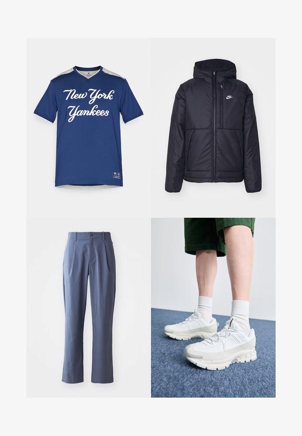 Melna, pufota Nike jaka ar priekšējo rāvējslēdzēju un kapuci. Iezīmēta ar baltu logotipu uz kreisās krūtis un divām priekšējām kabatām. Gluda ārējā tekstūra.; Tumši zila īsām piedurknēm T-kreklā ar baltu tekstu "New York Yankees", V veida kakla dizains un pelēkiem akcentiem uz pleciem. Izgatavots no gludas auduma.; Tumši zili bikses ar ieplēm, taisna griezuma, izgatavotas no viegla auduma, ar vienu pogu priekšpusē un jostu cilpiņām.; Baltas sporta apavi ar teksturētām detaļām, masīvu zoli un pelēkiem akcentiem. Valkāti ar baltiem zeķu pēdu apģērbiem un zaļām šortiem uz zilas virsmas.