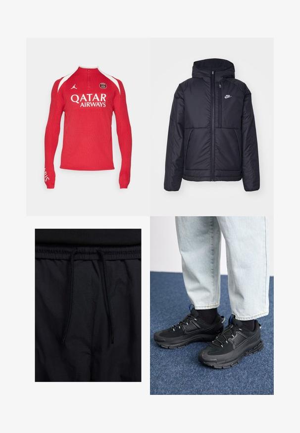 Fekete, párnázott Nike dzseki elülső cipzárral és kapucnival. A bal mellen fehér logó található, valamint két elülső zseb. Simának tűnő külső felület.; Piros, hosszú ujjú sportme, texturált bordás mintával, negyed cipzárral a nyaknál, fehér díszítésekkel és a Qatar Airways valamint Párizs logójával.; Fekete rövidnadrág, húzózsinórral ellátott derékrésszel, könnyű anyagból, sima felszínen, egyszerű dizájnnal, látható logók vagy minták nélkül.; Fekete sportcipők texturált anyaggal és gumitalppal, elasztikus fűzőkkel és kék kiegészítővel a saroknál. Világos farmernadrággal viselve.