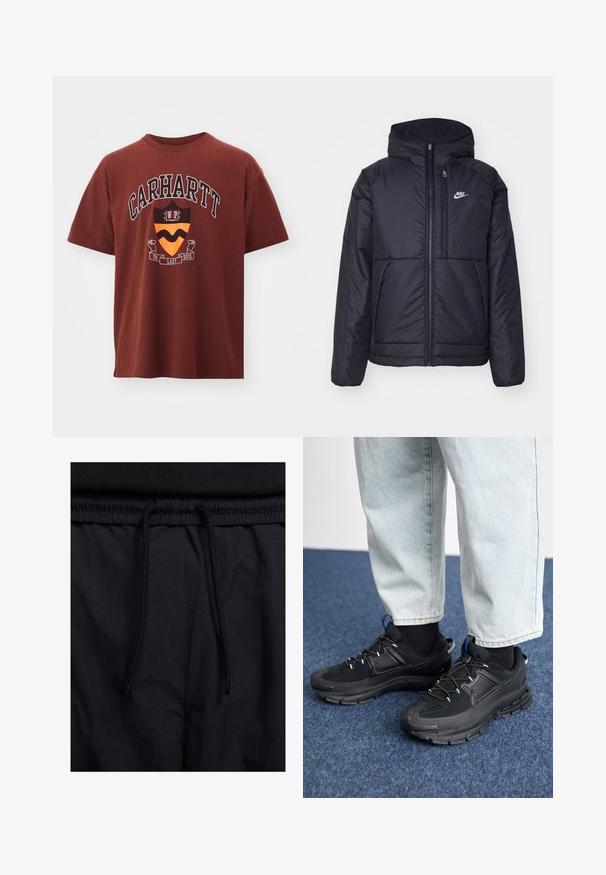 Svart, vadderad Nike-jacka med dragkedja framtill och huva. Har en vit logotyp på vänster bröst och dubbla framfickor. Slät yttextur.; Mörkröd bomulls-t-shirt med korta ärmar. Har ett grafiskt tryck som inkluderar texten "Carhartt" och en skölddesign i orange och svart.; Svarta shorts med dragsko i midjan, lättviktig tyg med en slät yta och en enkel design utan synliga logotyper eller mönster.; Svarta sportskor med texturerat tyg och gummisulor, med elastiska snörningar och en blå detalj på hälen. Bärs med ljusa jeans.