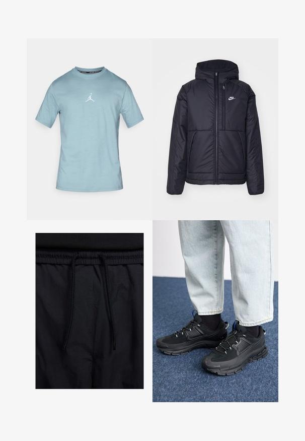 Svart, polstret Nike-jakke med frontglidelås og hette. Har en hvit logo på venstre bryst og doble frontlommer. Glatt ytterside.; Lys blå kortermet t-skjorte laget av bomull. Har en hvit Jumpman-logo sentrert på brystet. Rund halsdesign og glatt tekstur.; Sorte shorts med snor i livet, lett stoff med en jevn tekstur, og et enkelt design uten synlige logoer eller mønstre.; Svarte sportssko med teksturert stoff og gummisåler, med elastiske lisser og en blå detalj på hælen. Brukt med lyse denimbukser.
