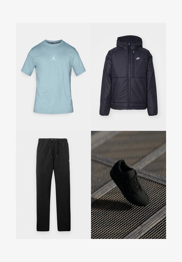 Chaqueta acolchada negra de Nike con cremallera frontal y capucha. Presenta un logo blanco en el lado izquierdo del pecho y dos bolsillos frontales. Textura exterior suave.; Camiseta de algodón de manga corta en azul claro. Presenta un logo Jumpman blanco centrado en el pecho. Diseño de cuello redondo y textura suave.; Pantalones deportivos negros de felpa, con una cinturilla elástica con cordones, dos bolsillos delanteros y un pequeño logo en el muslo.; Zapatilla negra con textura suave, punta redonda, cordones en la parte delantera y un branding sutil. Exhibida sobre un fondo industrial texturizado.