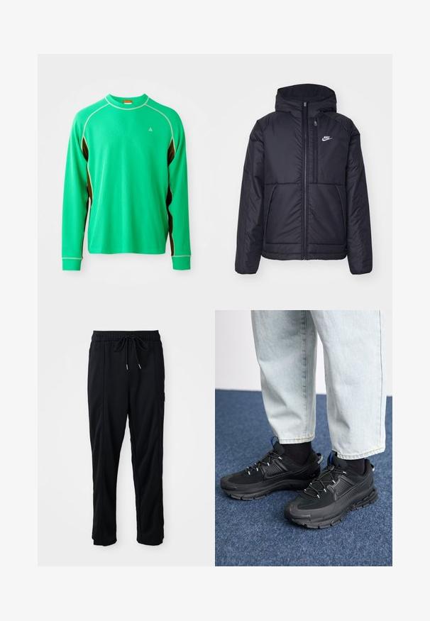 Črna, podložena Nike jakna z sprednjim zadrgo in kapuco. Ima bel logo na levem prsnem delu in dvojna sprednja žepa. Gladka zunanja tekstura.; Zelena športna majica z dolgimi rokavi iz teksturirane tkanine, s kontrastnimi rjavimi stranskimi poudarki in belim šivanjem ob ovratniku ter šivih.; Črne casual hlače z vrvico v pasu, s stranskimi žepi in ravnim rezom na enobarvni podlagi.; Črne športne čevlje z teksturirano tkanino in gumijastimi podplati, ki imajo elastične vezalke ter modre poudarke na peti. Nosi se z lahkimi denim hlačami.