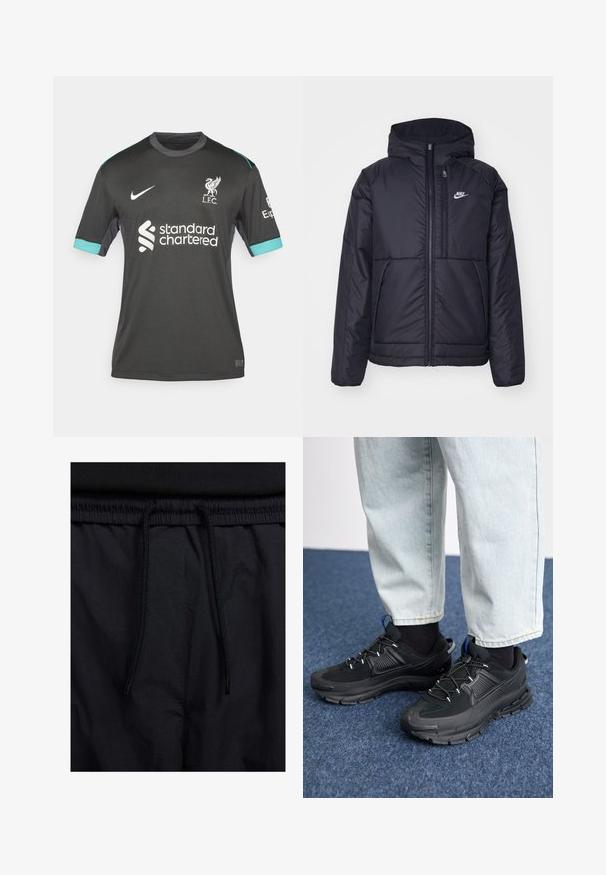 Sort, polstret Nike-jakke med frontlynlås og hætte. Har et hvidt logo på venstre bryst og to frontlommer. Glat ydre tekstur.; Nike Performance LIVERPOOL STADIUM AWAY - Klub merchandise - night forest/anthracite/washed teal/sail; Sorte shorts med snoretræk i taljen, letvægtsstof med en glat tekstur og et simpelt design uden synlige logoer eller mønstre.; Sorte træningssko med tekstureret stof og gummisåler, udstyret med elastiske snørebånd og en blå detalje på hælen. Bæres med lyse denimbukser.