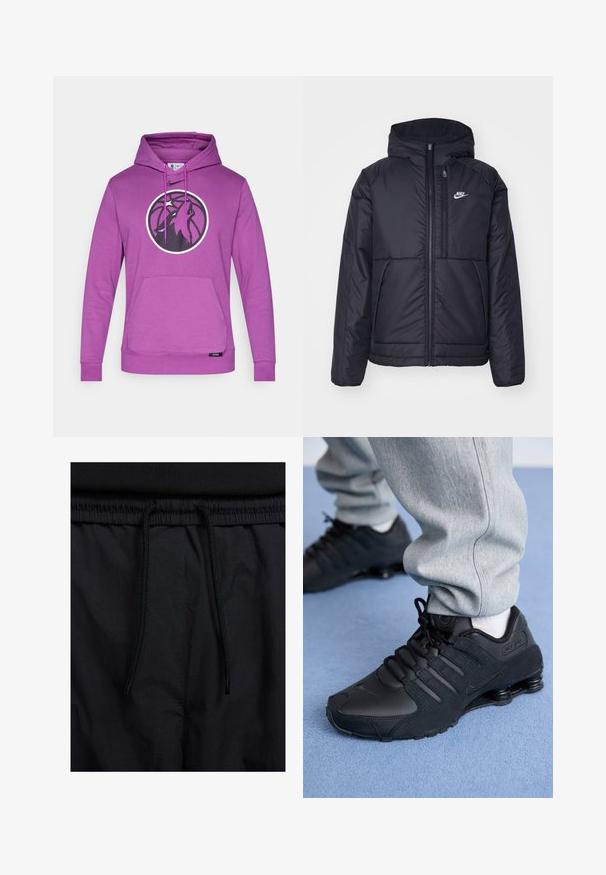 Zwarte, gewatteerde Nike-jas met een voorkant met ritssluiting en capuchon. Kenmerkt zich door een wit logo op de linkerborst en dubbele frontzakken. Gladde buitenkant.; Paarse hoodie van zacht materiaal, met een zwart-wit cirkelvormig logo met een vogelontwerp, een voorzak in kangoeroestijl en een capuchon met trekkoord.; Wit overhemd met lange mouwen en dunne verticale grijze strepen, knoopsluiting aan de voorkant, één borstzak en een puntige kraag.; Zwarte shorts met een drawstring tailleband, lichtgewicht stof met een zachte textuur en een eenvoudig ontwerp zonder zichtbare logo's of patronen.; Persoon in zwarte Nike Shox sneakers en een grijze joggingbroek staand op een lichtblauw tapijt.