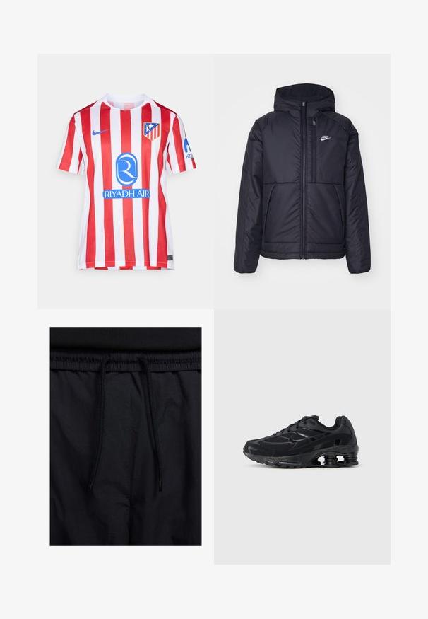 Svart, polstret Nike-jakke med frontglidelås og hette. Har en hvit logo på venstre bryst og doble frontlommer. Glatt ytterside.; Rød- og hvitstripet fotballdrakt med rund hals, Nike-logo og en blå sponsorlogo. Inkluderer et emblem på venstre bryst.; Sorte shorts med snor i livet, lett stoff med en jevn tekstur, og et enkelt design uten synlige logoer eller mønstre.; Svart joggesko med mesh-overdel, polstret krage og fremtredende dempningsteknologi ved hælen. Har teksturerte detaljer og lisser.