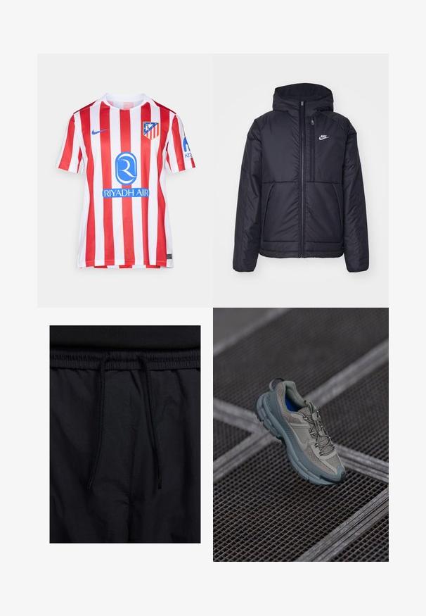 Juodas, paminkštintas Nike džemperis su priekyje užtrauktuku ir gobtuvu. Pasižymi balta logo kairėje krūtinės pusėje ir dviem priekinėmis kišenėmis. Su lygiu išoriniu paviršiumi.; Raudonas ir baltas dryžuotas futbolo marškinėliai su apvaliomis kaklo iškirpėmis, Nike logotipu ir mėlynu rėmėjo logotipu. Pakeliui kairėje krūtinės pusėje yra emblema.; Juodos šortai su raišteliu juosmens srityje, lengva medžiaga su lygiu paviršiumi ir paprastas dizainas be matomų logotipų ar raštų.; Bežiniai ir pilki sportiniai bateliai su tekstūruotu tinkliniu viršumi, apvaliu pirštu ir guminiais padais, turi raištelius ir paminkštintą apykaklę.