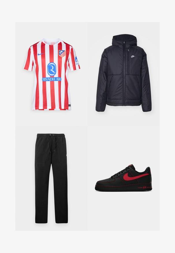 Chaqueta acolchada negra de Nike con cremallera frontal y capucha. Presenta un logo blanco en el lado izquierdo del pecho y dos bolsillos frontales. Textura exterior suave.; Camiseta de fútbol a rayas rojas y blancas con cuello redondo, logo de Nike y un logo de patrocinador azul. Incluye un emblema en el lado izquierdo del pecho.; Pantalones deportivos negros de felpa, con una cinturilla elástica con cordones, dos bolsillos delanteros y un pequeño logo en el muslo.; Zapatillas Nike Air Force 1 de cuero negro con acentos rojos, que cuentan con una textura suave, puntera perforada y costuras rojas en contraste.