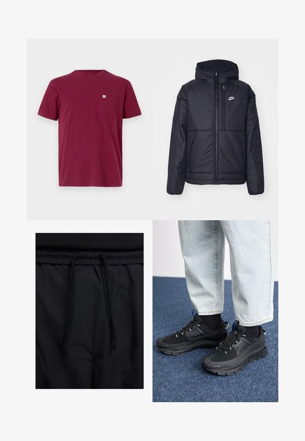 Black, padded Nike jacket with a front zipper and hood. Features a white logo on the left chest and dual front pockets. Smooth exterior texture.; Burgundy cotton t-shirt with a crew neck, short sleeves, and a left chest pocket. Features a small brand tag on the pocket.; Black shorts featuring a drawstring waistband, lightweight fabric with a smooth texture, and a simple design without visible logos or patterns.; Black athletic shoes with textured fabric and rubber soles, featuring elastic laces and a blue accent on the heel. Worn with light denim pants.