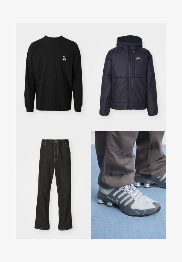 Črna, podložena Nike jakna z sprednjim zadrgo in kapuco. Ima bel logo na levem prsnem delu in dvojna sprednja žepa. Gladka zunanja tekstura.; Črna majica z dolgimi rokavi iz bombaža, z okroglim izrezom in žepom na prsih, ki ima srčni logotip in besedilo.; Črne jeans hlače ohlapenega kroja, ki imajo kontrastno belo šivanje, zapiranje na gumb in ravno nogavico.; Sive in srebrne Nike Shox teniske imajo eleganten dizajn, z mrežastimi in sintetičnimi materiali, zaobljenim nosom in oblazinjenim ovratnikom.