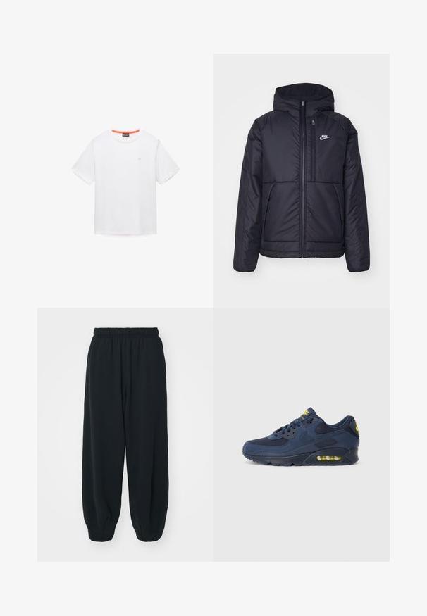 Zwarte, gewatteerde Nike-jas met een voorkant met ritssluiting en capuchon. Kenmerkt zich door een wit logo op de linkerborst en dubbele frontzakken. Gladde buitenkant.; Witte katoenen T-shirt met een ronde hals, korte mouwen en een klein logo op de borst. Heeft een contrasterende oranje rand aan de binnenkant van de kraag.; Zwarte, elastiche sweatpants met een losse pasvorm, manchetten aan de enkels, een zachte textuur en zonder zichtbare patronen of hardwareaccenten.; Marineblauwe Nike Air Max sneakers met een bovenwerk van suede en mesh, voorzien van gele accenten, vetersluiting aan de voorkant en zichtbare luchtvering in de zool.