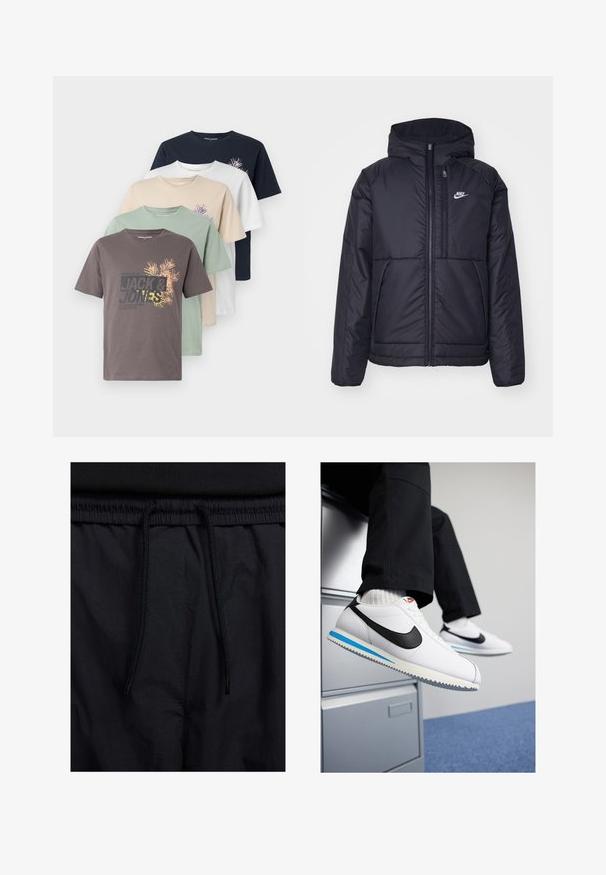 Musta, pehmustettu Nike-takki, jossa on etuvetoketju ja huppu. Vasemmassa rinnassa on valkoinen logo ja takissa on kaksinkertaiset etutaskut. Pintakoe on sileä.; Viisi lyhythihaista T-paitaa ruskeana, vihreänä, beigenä, valkoisena ja tummansinisenä, joissa on logo ja graafinen kuvasto edessä. Pehmeää puuvillakangasta.; Mustat shortsit, joissa on naru vyötäröllä, kevyestä kankaasta valmistettu, sileä tekstuuri ja yksinkertainen muotoilu ilman näkyviä logoja tai kuvioita.; Valkoiset nahkakengät, joissa on musta Nike-logomerkki, vaaleansininen ja harmaa kumipohja sekä klassinen nauhakiinnitys. Jalat lepäävät asiakirjakaapilla.