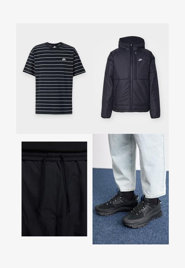 Juodas, paminkštintas Nike džemperis su priekyje užtrauktuku ir gobtuvu. Pasižymi balta logo kairėje krūtinės pusėje ir dviem priekinėmis kišenėmis. Su lygiu išoriniu paviršiumi.; Juodai baltas dryžuotas marškinėliai su apykakle, trumpomis rankovėmis ir mažu baltu Nike logotipu kairėje krūtinės pusėje. Pagaminta iš medvilnės.; Juodos šortai su raišteliu juosmens srityje, lengva medžiaga su lygiu paviršiumi ir paprastas dizainas be matomų logotipų ar raštų.; Juodi sportiniai bateliai su tekstūruota medžiaga ir guminiais padais, su elastingomis raišteliais ir mėlynu akcentu ant kulno. Dėvimi su šviesiai mėlynomis džinsinėmis kelnėmis.