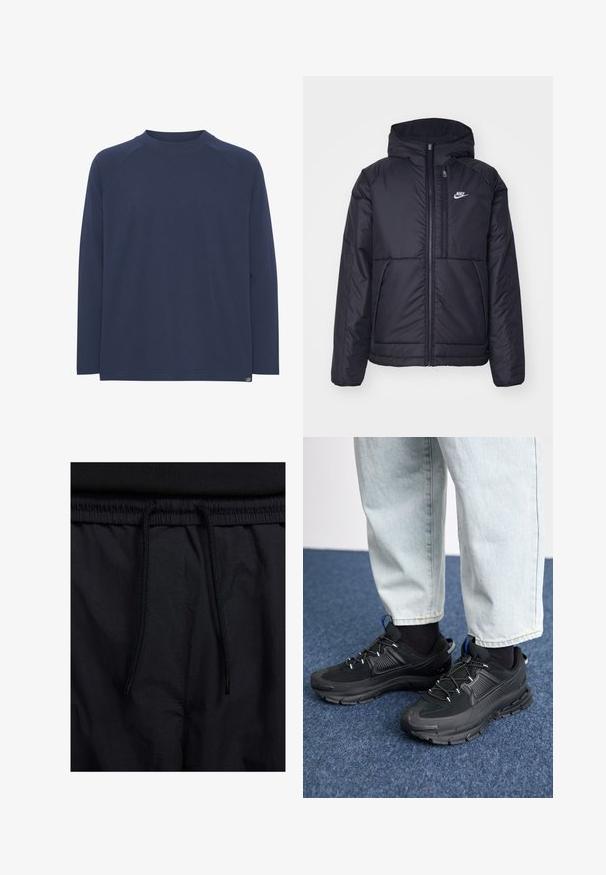 Crna Nike jakna s podstavom, dugmadi sprijeda i kapuljačom. Ima bijeli logotip na lijevoj strani prsnog koša i dva prednja džepa. Glatka vanjska tekstura.; Tamno plavi dugi rukav majica s okruglim izrezom i raglan rukavima; mekana tekstura i suptilan detalj šivanja na rubu.; Crne kratke hlače s pojasom na vezanje, lagani materijal s glatkom teksturom i jednostavan dizajn bez vidljivih logotipa ili uzoraka.; Crne atletske cipele s teksturiranom tkaninom i gumene potplate, s elastičnim vezicama i plavim akcentom na peti. Nosene su s svijetlim trapericama.