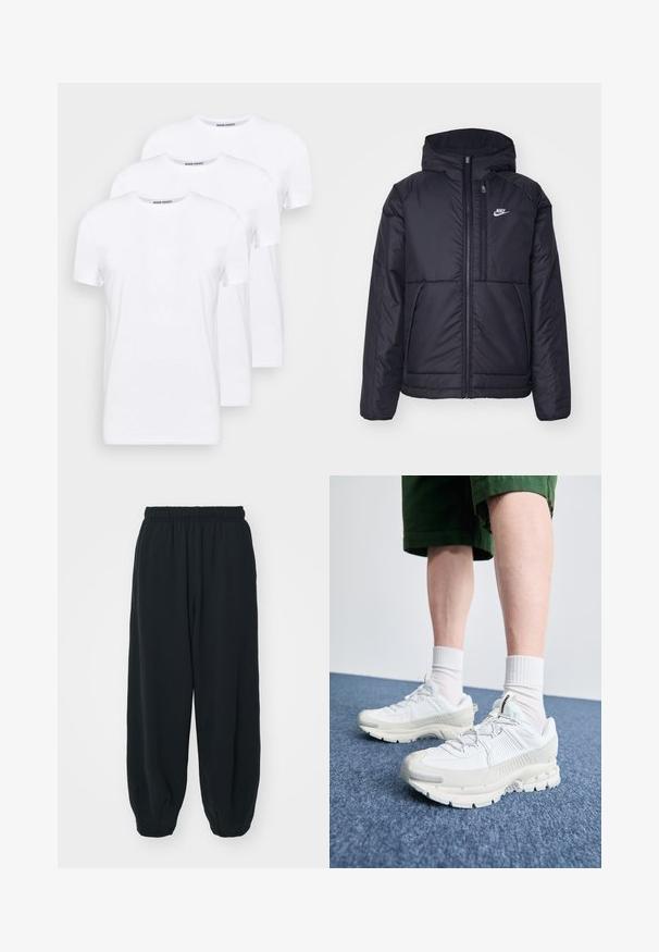 Fekete, párnázott Nike dzseki elülső cipzárral és kapucnival. A bal mellen fehér logó található, valamint két elülső zseb. Simának tűnő külső felület.; Három darab sima fehér póló, kerek nyakú fazon, rövid ujjú, puha pamut anyagból, sima tapintással.; Fekete, rugalmas derékpántos melegítőnadrág, laza fit, véget érő szárakkal, sima textúrával, látható minták vagy hardver díszek nélkül.; Fehér sportcipők texturált burkolattal, vastag talppal és szürke részletekkel. Fehér sportzoknival és zöld rövidnadrággal viselve, kék felületen.