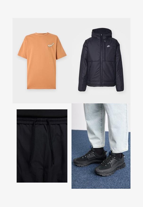 Must musta Nike jope, millel on ees lukuga avamine ja kapuuts. Vasakpoolne rind on kaunistatud valge logoga ning ees on kaks taskut. Sile välimine tekstuur.; Lühikeste varrukatega, ümmarguse kaelusega t-särk heleses oranžis, valmistatud puuvillast, millel on rinnal väike valge ja must grafika.; Mustad lühikesed püksid, millel on paelaga vöökoht, kerge kangas, mis on sileda tekstuuriga ning lihtne disain ilma nähtavate logode või mustriteta.; Mustad mustad jooksukingad, millel on tekstureeritud kangas ja kummist tallad, elastsed nöörid ning sinine aksent kandadel. Kandmine heledate teksadega.