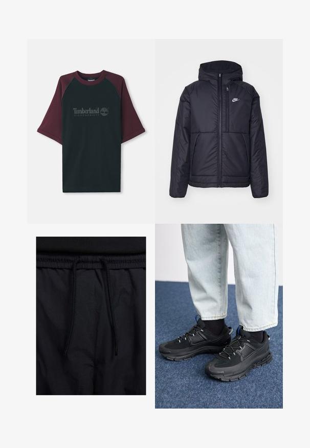 Jachetă Nike neagră, căptușită, cu fermoar pe față și glugă. Prezintă un logo alb pe pieptul stâng și două buzunare frontale. Textură exterioară netedă.; Tricou negru cu mâneci raglan burgund. Prezintă logo-ul "Timberland Highsnobiety" în gri, decolteu rotund și mâneci scurte. Material din amestec de bumbac.; Șorturi negre cu un brâu reglabil, dintr-un material ușor cu o textură netedă și un design simplu, fără logo-uri sau modele vizibile.; Pantofi sport negri, cu țesătură texturată și tălpi din cauciuc, având șireturi elastice și un accent albastru pe toc. Purtați cu pantaloni din denim deschis.