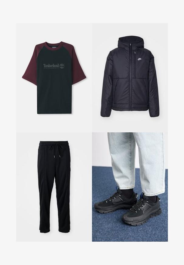 Chaqueta acolchada negra de Nike con cremallera frontal y capucha. Presenta un logo blanco en el lado izquierdo del pecho y dos bolsillos frontales. Textura exterior suave.; Camiseta negra con mangas raglán burdeos. Presenta el logo "Timberland Highsnobiety" en gris, cuello redondo y mangas cortas. Material de mezcla de algodón.; Pantalones casuales negros con cordón en la cintura, con bolsillos laterales y corte de pierna recta sobre un fondo liso.; Zapatillas deportivas negras con tejido texturizado y suelas de goma, con cordones elásticos y un acento azul en el talón. Combinadas con pantalones de mezclilla claros.