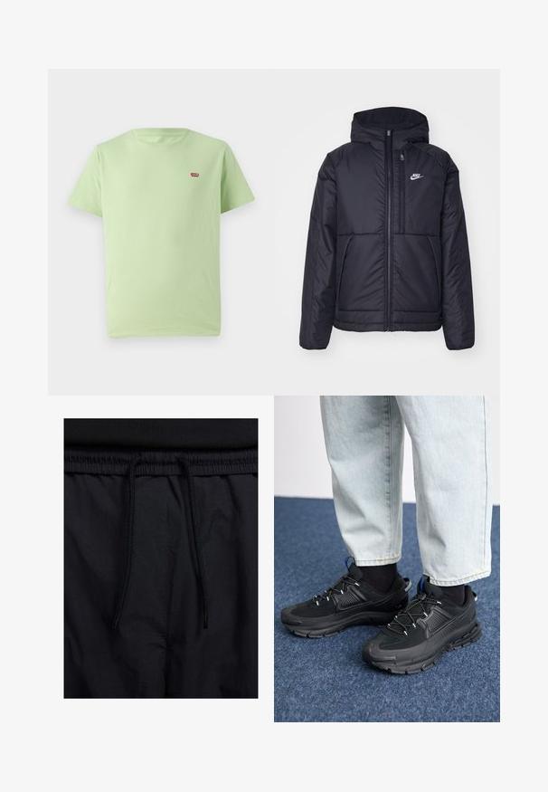 Černá zateplená bunda Nike s předním zipem a kapucí. Na levé straně hrudi má bílé logo a dvojité přední kapsy. Hladký povrch.; Světlezelené bavlněné tričko s kulatým výstřihem, krátkými rukávy a malým červeným logem Levi's přišitém na horní levé části hrudi. Měkká textura.; Černé šortky s páskem na šňůrku, lehký materiál s hladkou texturou a jednoduchý design bez viditelných log nebo vzorů.; Černé sportovní boty s texturovanou tkaninou a gumovou podrážkou, s elastickými tkaničkami a modrým akcentem na patě. Nosí se s světlými džíny.