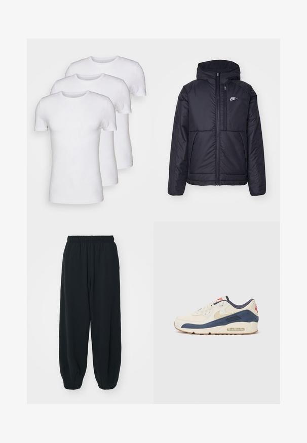 Melna, pufota Nike jaka ar priekšējo rāvējslēdzēju un kapuci. Iezīmēta ar baltu logotipu uz kreisās krūtis un divām priekšējām kabatām. Gluda ārējā tekstūra.; Trīs baltas kokvilnas T-krekli ar īsām piedurknēm un apaļām kakla izgriezēm, gluda tekstūra, nav rakstu vai grafikas.; Melnas sporta bikses ar elastīgu jostasvietu, brīvu piegriezumu, aprocēm ap potītēm, gludu tekstūru, un bez redzamām rakstu vai aparatūras akcentiem.; Apavi ar krēmīgu ādas un tumši zilu zamša augšdaļu, ar redzamu gaisa zoli, bēša gumijas zoli un sarkanu akcentu uz papēža.