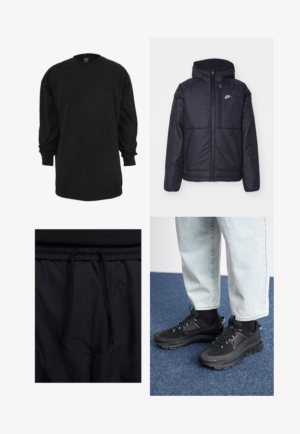 Must musta Nike jope, millel on ees lukuga avamine ja kapuuts. Vasakpoolne rind on kaunistatud valge logoga ning ees on kaks taskut. Sile välimine tekstuur.; Pikend paheline must T-särk, mis on valmistatud puuvillast. Omab ümarat kaelust ja regulaarset lõiget. Sile tekstuur, ilma nähtavate mustrite või aktsentideta.; Mustad lühikesed püksid, millel on paelaga vöökoht, kerge kangas, mis on sileda tekstuuriga ning lihtne disain ilma nähtavate logode või mustriteta.; Mustad mustad jooksukingad, millel on tekstureeritud kangas ja kummist tallad, elastsed nöörid ning sinine aksent kandadel. Kandmine heledate teksadega.