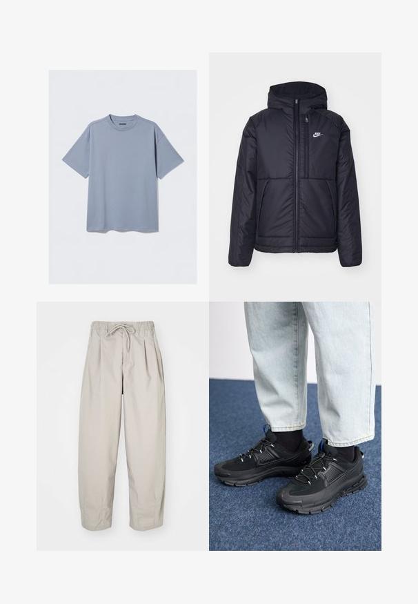 Svart, polstret Nike-jakke med frontglidelås og hette. Har en hvit logo på venstre bryst og doble frontlommer. Glatt ytterside.; Lys blå kortermet t-skjorte laget av glatt bomull med rund hals og avslappet passform; har minimale sømdetaljer.; Beige, lette bukser med elastisk midje og snor. Har folder og løs passform, laget av myk og glatt stoff.; Svarte sportssko med teksturert stoff og gummisåler, med elastiske lisser og en blå detalj på hælen. Brukt med lyse denimbukser.