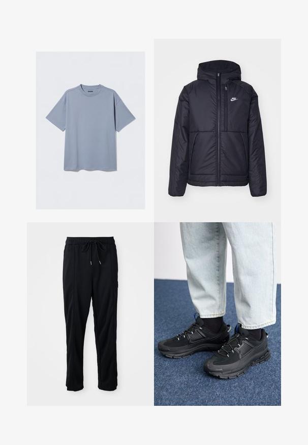 Chaqueta acolchada negra de Nike con cremallera frontal y capucha. Presenta un logo blanco en el lado izquierdo del pecho y dos bolsillos frontales. Textura exterior suave.; Camiseta de manga corta azul claro, hecha de algodón suave, con un cuello redondeado y un corte relajado; presenta detalles de costura mínimos.; Pantalones casuales negros con cordón en la cintura, con bolsillos laterales y corte de pierna recta sobre un fondo liso.; Zapatillas deportivas negras con tejido texturizado y suelas de goma, con cordones elásticos y un acento azul en el talón. Combinadas con pantalones de mezclilla claros.