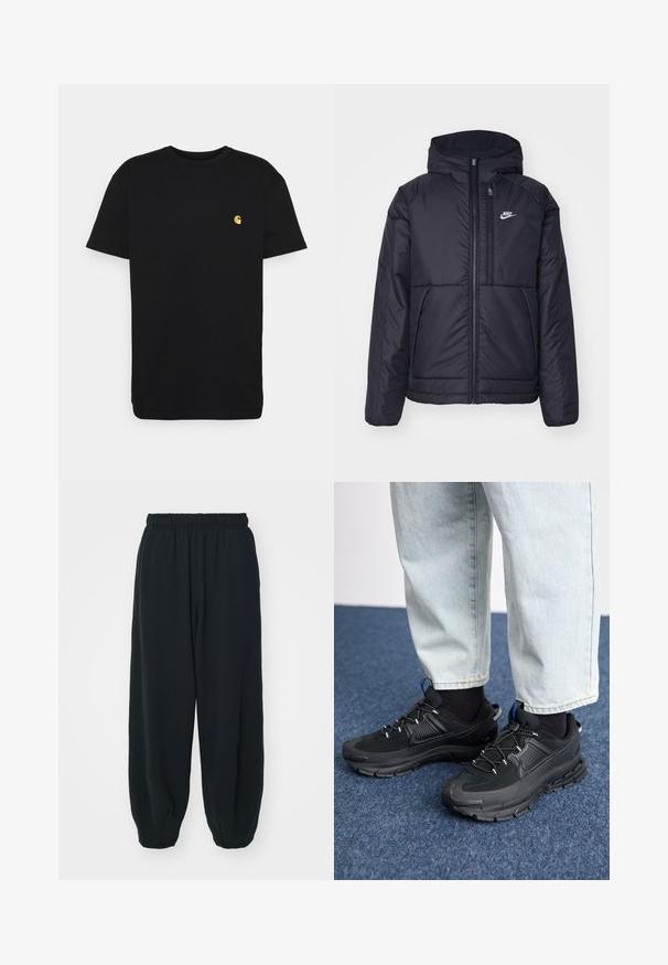 Sort, polstret Nike-jakke med frontlynlås og hætte. Har et hvidt logo på venstre bryst og to frontlommer. Glat ydre tekstur.; Sort bomulds t-shirt med korte ærmer, rund halsudskæring og et lille gult logo på venstre brystområde. Enkel design og almindelig pasform.; Sorte svedbukser med elastisk talje, løs pasform, afsluttede ankler, glat tekstur og uden synlige mønstre eller hardware-detaljer.; Sorte træningssko med tekstureret stof og gummisåler, udstyret med elastiske snørebånd og en blå detalje på hælen. Bæres med lyse denimbukser.