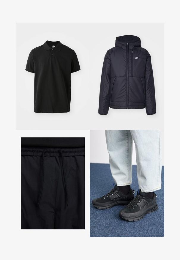 Fekete, párnázott Nike dzseki elülső cipzárral és kapucnival. A bal mellen fehér logó található, valamint két elülső zseb. Simának tűnő külső felület.; Fekete pamut póló, klasszikus gallérral, rövid ujjakkal, és egy visszafogott, sötét logóval a mellkasán. Sima textúra.; Fekete rövidnadrág, húzózsinórral ellátott derékrésszel, könnyű anyagból, sima felszínen, egyszerű dizájnnal, látható logók vagy minták nélkül.; Fekete sportcipők texturált anyaggal és gumitalppal, elasztikus fűzőkkel és kék kiegészítővel a saroknál. Világos farmernadrággal viselve.