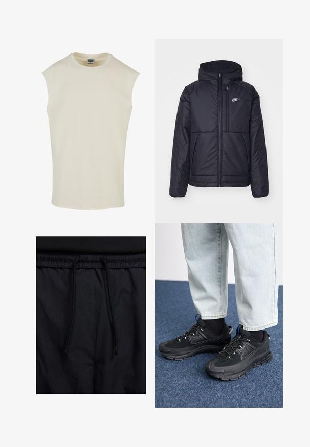 Giacca Nike nera, imbottita, con zip frontale e cappuccio. Presenta un logo bianco sul lato sinistro del petto e doppie tasche frontali. Texture esterna liscia.; Top cotone senza maniche beige con scollatura rotonda e orlo arrotondato. Texture liscia, design minimalista, senza motivi né decorazioni.; Shorts neri con vita regolabile tramite coulisse, tessuto leggero con una texture liscia e un design semplice senza loghi o motivi visibili.; Scarpe sportive nere con tessuto testurizzato e suole in gomma, dotate di lacci elastici e un accento blu sul tallone. Indossate con pantaloni in denim chiaro.