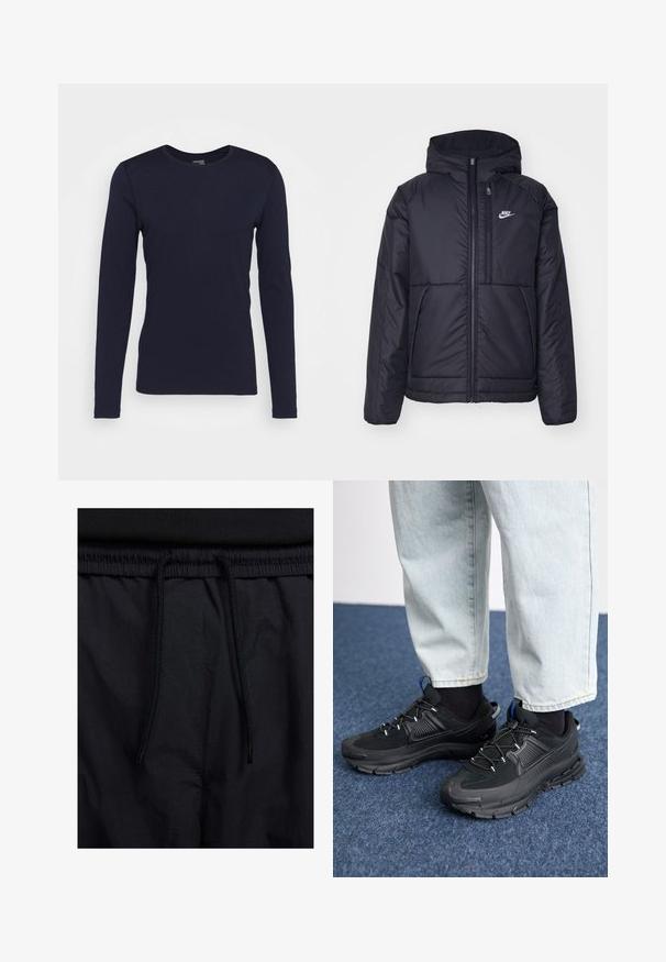 Svart, polstret Nike-jakke med frontglidelås og hette. Har en hvit logo på venstre bryst og doble frontlommer. Glatt ytterside.; Langermet marineblå t-skjorte laget av mykt stoff med rund hals og enkelt design, med forsterkede skuldersømmer.; Sorte shorts med snor i livet, lett stoff med en jevn tekstur, og et enkelt design uten synlige logoer eller mønstre.; Svarte sportssko med teksturert stoff og gummisåler, med elastiske lisser og en blå detalj på hælen. Brukt med lyse denimbukser.