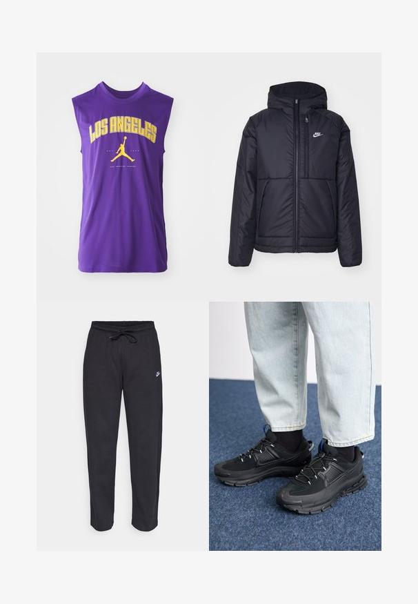 Musta, pehmustettu Nike-takki, jossa on etuvetoketju ja huppu. Vasemmassa rinnassa on valkoinen logo ja takissa on kaksinkertaiset etutaskut. Pintakoe on sileä.; Violetti hihaton paita, jossa on suuret keltaiset kirjaimet "LOS ANGELES", musta Jordan-logo ja sileä, kevyt kangas.; Mustat verkkareita pehmeästä kankaasta, jossa on joustava vyötärö, nyöri ja pieni Nike-logo vasemmassa reidessä.; Mustat urheilukengät, joissa on teksturoitu kangas ja kumipohjat, elastiset nauhat ja sininen yksityiskohta kannassa. Yhdistetty vaaleisiin farkkuihin.