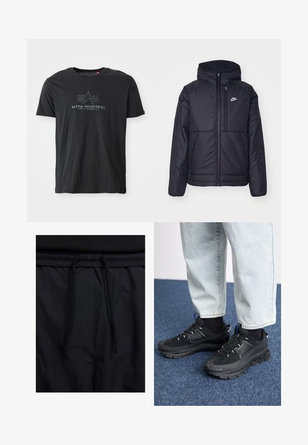 Čierna, polstrovaná bunda Nike so zipsom vpredu a kapucňou. Na ľavej strane hrude sa nachádza biele logo a sú tu dva predné vrecká. Hladký vonkajší povrch.; Čierne bavlnené tričko s okrúhlym výstrihom s textúrovanou potlačou loga, na ktorej sú slová "ALPHA INDUSTRIES" a trojuholníkový dizajn v strede.; Čierne šortky s pásom na stiahnutie, z ľahkej látky s hladkou textúrou a jednoduchým dizajnom bez viditeľných log alebo vzorov.; Čierne športové topánky s textúrovanou tkaninou a gumovou podrážkou, so elastickými šnúrkami a modrým akcentom na päte. Nosia sa s svetlými riflami.