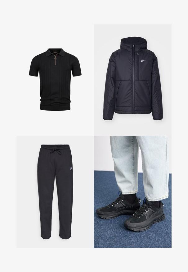 Svart, polstret Nike-jakke med frontglidelås og hette. Har en hvit logo på venstre bryst og doble frontlommer. Glatt ytterside.; Svart kortermet strikket polo-skjorte med teksturerte vertikale striper og halv glidelås med rund dra-tab ved kragen.; Sorte sweatpants laget av mykt stoff med elastisk midjebånd, snøring og en liten Nike-logo på venstre lår.; Svarte sportssko med teksturert stoff og gummisåler, med elastiske lisser og en blå detalj på hælen. Brukt med lyse denimbukser.
