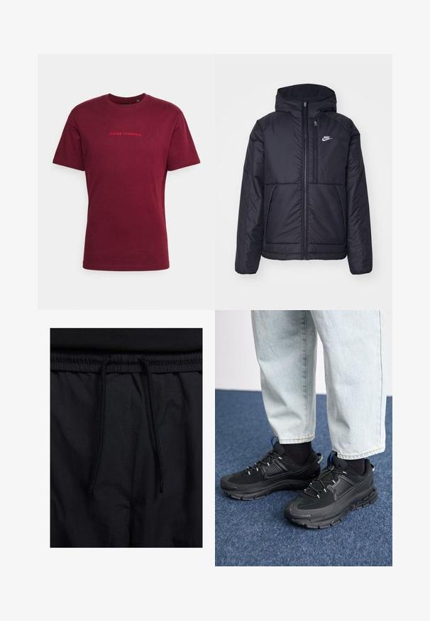Casaco Nike preto, acolchoado, com fecho à frente e capuz. Apresenta um logo branco no lado esquerdo do peito e dois bolsos frontais. Textura exterior lisa.; Only & Sons ONSOTTO LIFE TEE - T-shirt estampada - windsor wine; Calções pretos com um cós elástico ajustável, fabricados em tecido leve com uma textura suave e um design simples, sem logótipos ou padrões visíveis.; Sapatilhas desportivas pretas com tecido texturizado e solas em borracha, apresentando atacadores elásticos e um detalhe azul no calcanhar. Usadas com calças de ganga claras.