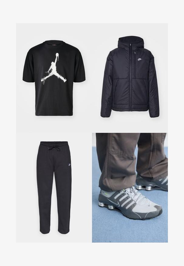 Musta, pehmustettu Nike-takki, jossa on etuvetoketju ja huppu. Vasemmassa rinnassa on valkoinen logo ja takissa on kaksinkertaiset etutaskut. Pintakoe on sileä.; Musta puuvillainen T-paita, jossa on suuri, valkoinen siluettilinja hyppäävästä henkilöstä, jossa on koripallo keskellä rintaa.; Mustat verkkareita pehmeästä kankaasta, jossa on joustava vyötärö, nyöri ja pieni Nike-logo vasemmassa reidessä.; Harmaat ja hopeiset Nike Shox -tennarit ovat tyylikkään muotoilun omaavia, joissa on verkko- ja synteettisiä materiaaleja, pyöreä kärki ja pehmustettu nilkkareunus.