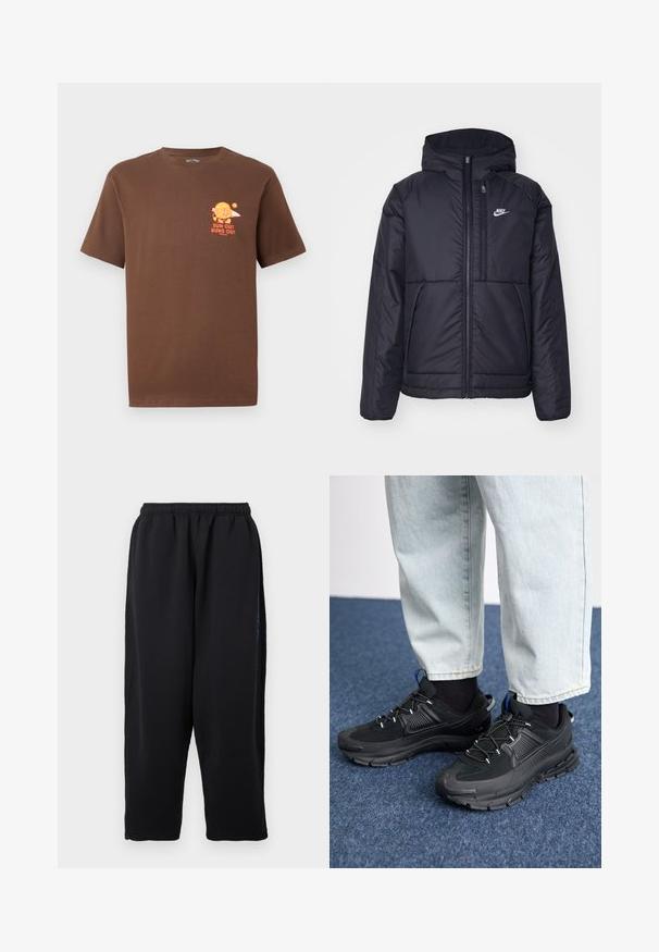 Svart, vadderad Nike-jacka med dragkedja framtill och huva. Har en vit logotyp på vänster bröst och dubbla framfickor. Slät yttextur.; Brun kortärmad T-shirt med liten orange grafik av en hamburgare som håller en surfbräda och texten "SOL UT, HUMPOR UT" på vänster bröst.; Svarta sweatpants i mjukt tyg, med resår i midjan, vida ben och sidofickor med diskreta blå detaljer.; Svarta sportskor med texturerat tyg och gummisulor, med elastiska snörningar och en blå detalj på hälen. Bärs med ljusa jeans.