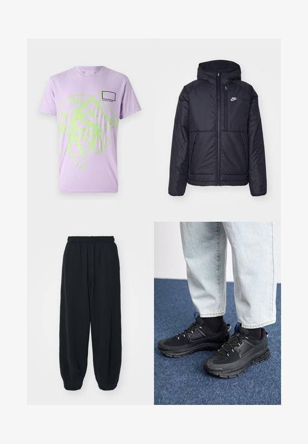 Musta, pehmustettu Nike-takki, jossa on etuvetoketju ja huppu. Vasemmassa rinnassa on valkoinen logo ja takissa on kaksinkertaiset etutaskut. Pintakoe on sileä.; Vaaleanlaventelin värinen puuvillapaita, jossa on suuri neonvihreä abstrakti kuvio edessä ja pieni musta suorakulmainen laatikko, jossa on teksti.; Mustat, elastisella vyötäröllä varustetut collegehousut, joissa on löysä istuvuus, cuffattu lahje, sileä pinta ja ilman näkyviä kuvioita tai varusteita.; Mustat urheilukengät, joissa on teksturoitu kangas ja kumipohjat, elastiset nauhat ja sininen yksityiskohta kannassa. Yhdistetty vaaleisiin farkkuihin.