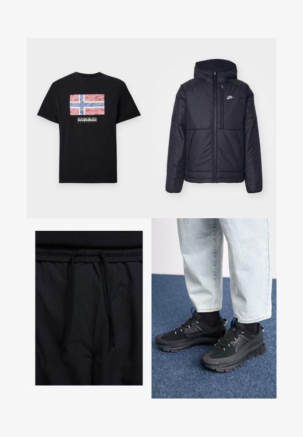 Black, padded Nike jacket with a front zipper and hood. Features a white logo on the left chest and dual front pockets. Smooth exterior texture.; Black cotton t-shirt featuring a Norwegian flag graphic with red and blue wavy lines. "NAPAPIJRI" logo printed below the graphic.; Black shorts featuring a drawstring waistband, lightweight fabric with a smooth texture, and a simple design without visible logos or patterns.; Black athletic shoes with textured fabric and rubber soles, featuring elastic laces and a blue accent on the heel. Worn with light denim pants.