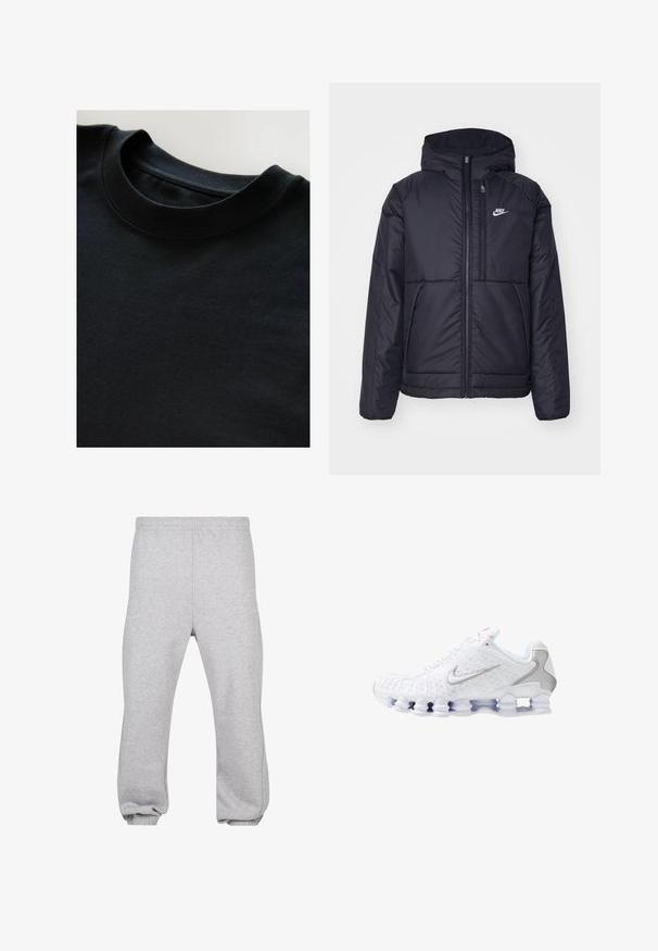 Schwarze, gepolsterte Nike-Jacke mit Frontreißverschluss und Kapuze. Hat ein weißes Logo auf der linken Brust und zwei Fronttaschen. Glattes äußeres Material.; Schwarzes Rundhals-T-Shirt aus weichem, strukturiertem Stoff, mit kurzen Ärmeln und einem glatten Ausschnitt. Einfaches Design ohne Muster oder Drucke.; Graue Sweatpants aus Baumwollmix mit einem elastischen Bund, schmal zulaufenden Beinen und gerippten Säumen. Einfaches Design ohne Muster.; Weiße Sportschuhe mit einer strukturierten Oberseite, einem silbernen Swoosh-Logo, Mesh-Einsätzen und einer markanten, segmentierten weißen Sohle.