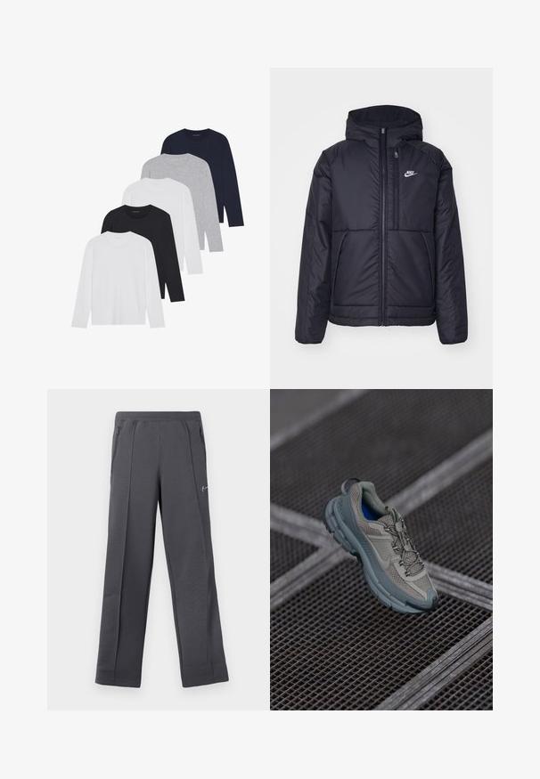 Black, padded Nike jacket with a front zipper and hood. Features a white logo on the left chest and dual front pockets. Smooth exterior texture.; Five long-sleeve shirts in white, black, dark navy, grey, and light grey. Made of soft fabric, featuring crew necklines and ribbed cuffs.; Gray sweatpants made of textured fabric with a loose fit, featuring side zip pockets and a small logo on the front.; Beige and gray athletic shoe with textured mesh upper, rounded toe, and rubber sole, featuring laces and a padded collar.