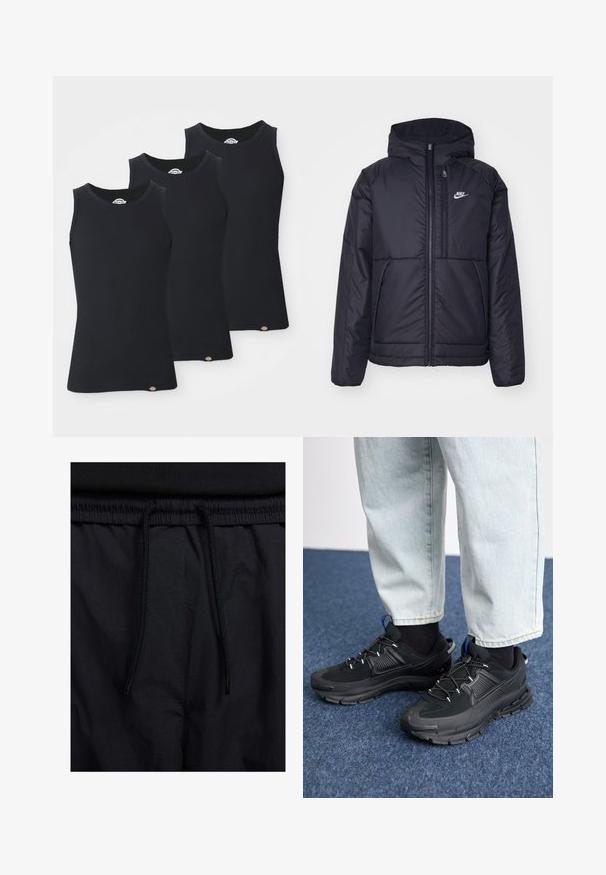 Black, padded Nike jacket with a front zipper and hood. Features a white logo on the left chest and dual front pockets. Smooth exterior texture.; Black ribbed tank tops in a pack of three. Features a round neck and sleeveless design with a small logo at the hem. Soft texture.; Black shorts featuring a drawstring waistband, lightweight fabric with a smooth texture, and a simple design without visible logos or patterns.; Black athletic shoes with textured fabric and rubber soles, featuring elastic laces and a blue accent on the heel. Worn with light denim pants.