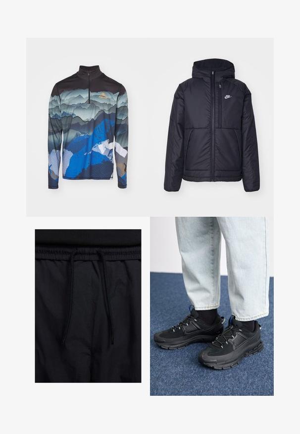Giacca Nike nera, imbottita, con zip frontale e cappuccio. Presenta un logo bianco sul lato sinistro del petto e doppie tasche frontali. Texture esterna liscia.; Bogner Fire + Ice PASCAL - Maglietta a manica lunga - multicolor; Shorts neri con vita regolabile tramite coulisse, tessuto leggero con una texture liscia e un design semplice senza loghi o motivi visibili.; Scarpe sportive nere con tessuto testurizzato e suole in gomma, dotate di lacci elastici e un accento blu sul tallone. Indossate con pantaloni in denim chiaro.