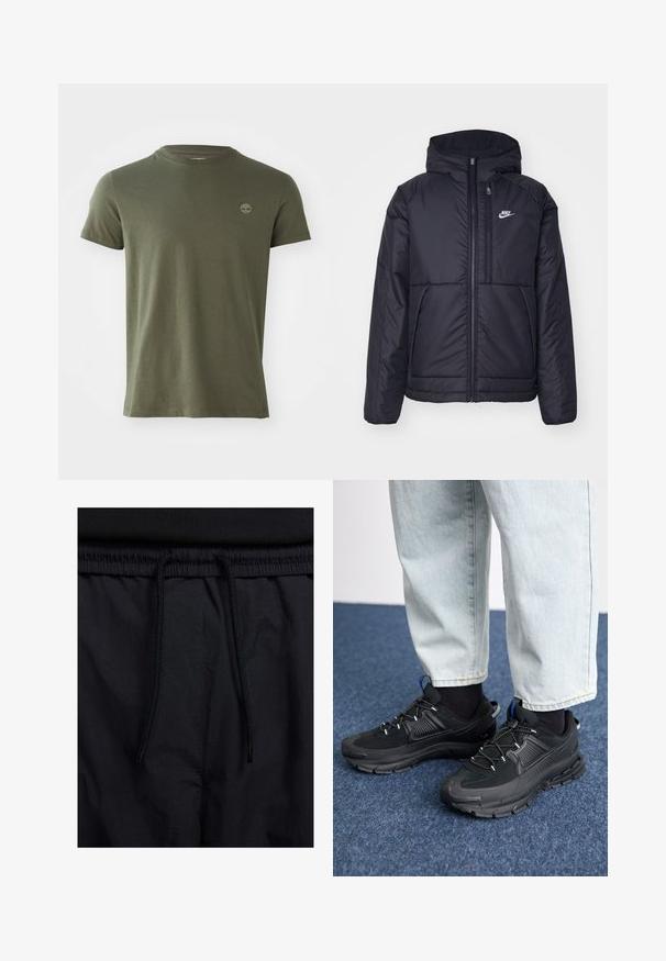 Juodas, paminkštintas Nike džemperis su priekyje užtrauktuku ir gobtuvu. Pasižymi balta logo kairėje krūtinės pusėje ir dviem priekinėmis kišenėmis. Su lygiu išoriniu paviršiumi.; Olivinės spalvos medvilnės marškinėliai su apvalia iškirpte, trumpomis rankovėmis ir maža siuvinėta logotipu ant krūtinės. Lygus paviršius, klasikinis siluetas.; Juodos šortai su raišteliu juosmens srityje, lengva medžiaga su lygiu paviršiumi ir paprastas dizainas be matomų logotipų ar raštų.; Juodi sportiniai bateliai su tekstūruota medžiaga ir guminiais padais, su elastingomis raišteliais ir mėlynu akcentu ant kulno. Dėvimi su šviesiai mėlynomis džinsinėmis kelnėmis.