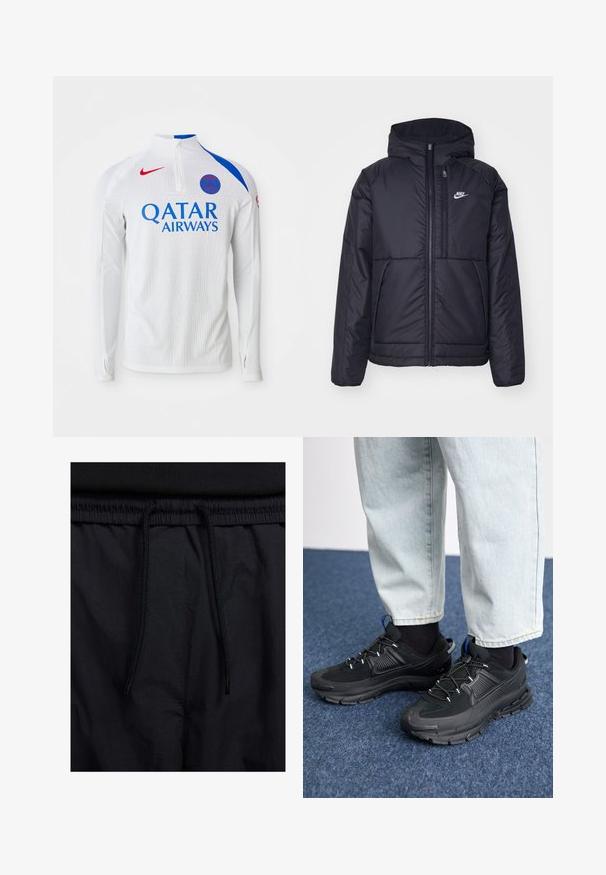 Giacca Nike nera, imbottita, con zip frontale e cappuccio. Presenta un logo bianco sul lato sinistro del petto e doppie tasche frontali. Texture esterna liscia.; Maglia bianca a maniche lunghe con dettagli azzurri sulle spalle, colletto a mezza zip, tessuto testurizzato e logo Nike rosso; presenta "QATAR AIRWAYS" in blu.; Shorts neri con vita regolabile tramite coulisse, tessuto leggero con una texture liscia e un design semplice senza loghi o motivi visibili.; Scarpe sportive nere con tessuto testurizzato e suole in gomma, dotate di lacci elastici e un accento blu sul tallone. Indossate con pantaloni in denim chiaro.