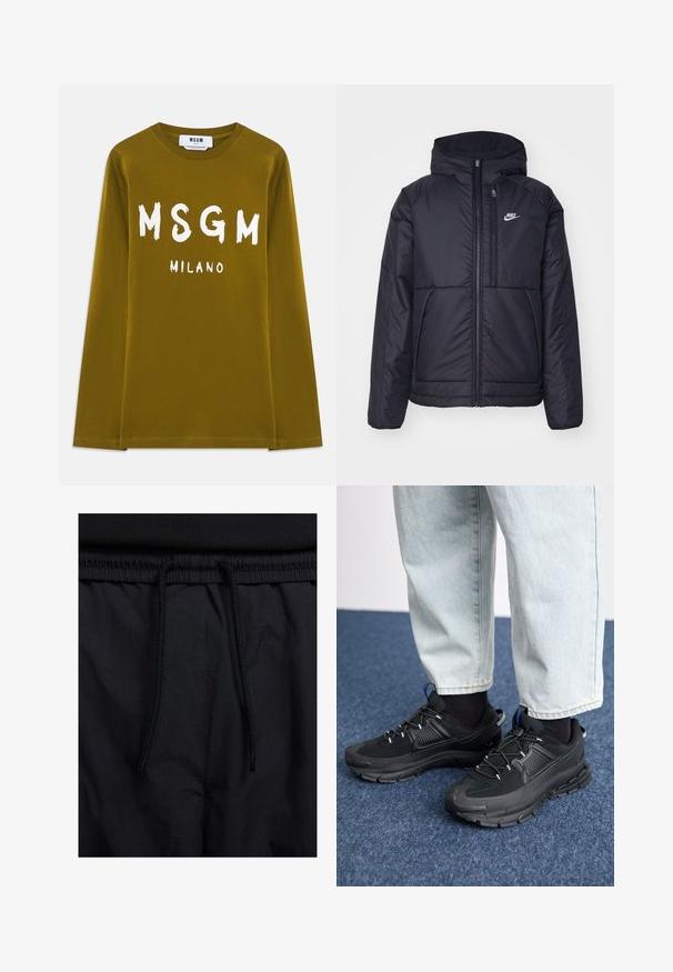Veste Nike noire rembourrée avec une fermeture éclair sur le devant et une capuche. Elle présente un logo blanc sur la poitrine gauche et deux poches avant. Texture extérieure lisse.; T-shirt à manches longues vert olive en coton, avec un grand texte blanc "MSGM" et "MILANO" imprimé sur le devant.; Shorts noirs avec un élastique à cordon de serrage, en tissu léger avec une texture lisse, et un design simple sans logos ni motifs visibles.; Des chaussures de sport noires avec un tissu texturé et des semelles en caoutchouc, dotées de lacets élastiques et d'un accent bleu au talon. Portées avec un pantalon en denim clair.