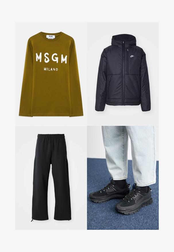 Black, padded Nike jacket with a front zipper and hood. Features a white logo on the left chest and dual front pockets. Smooth exterior texture.; Olive green long-sleeve t-shirt made of cotton, featuring large white "MSGM" and "MILANO" text printed on the front.; Black wide-leg pants made of soft fabric, featuring an elastic waistband and drawstring, with side pockets and a smooth texture.; Black athletic shoes with textured fabric and rubber soles, featuring elastic laces and a blue accent on the heel. Worn with light denim pants.